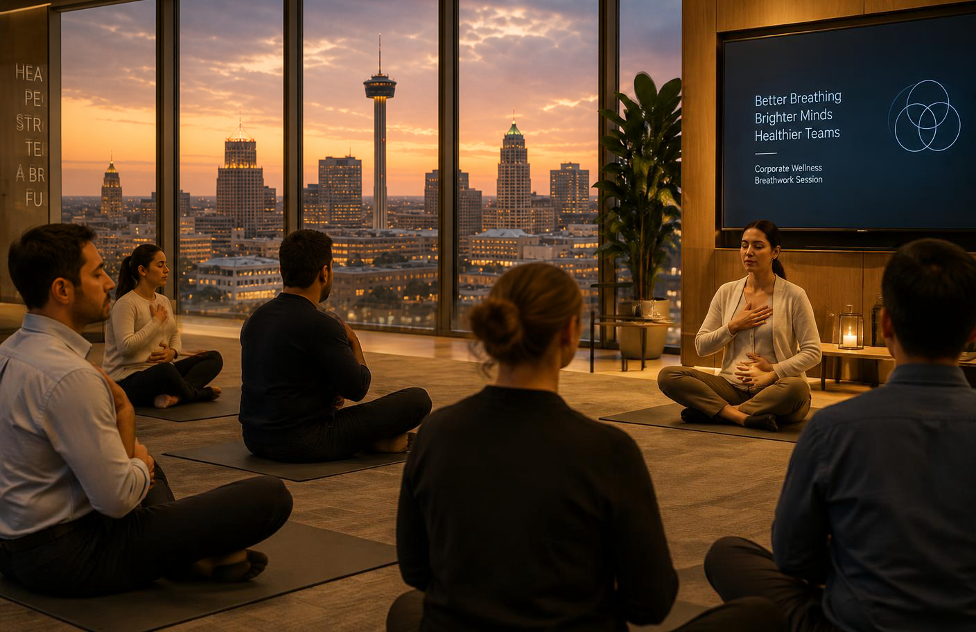 Team breathwork session overlooking downtown San Antonio